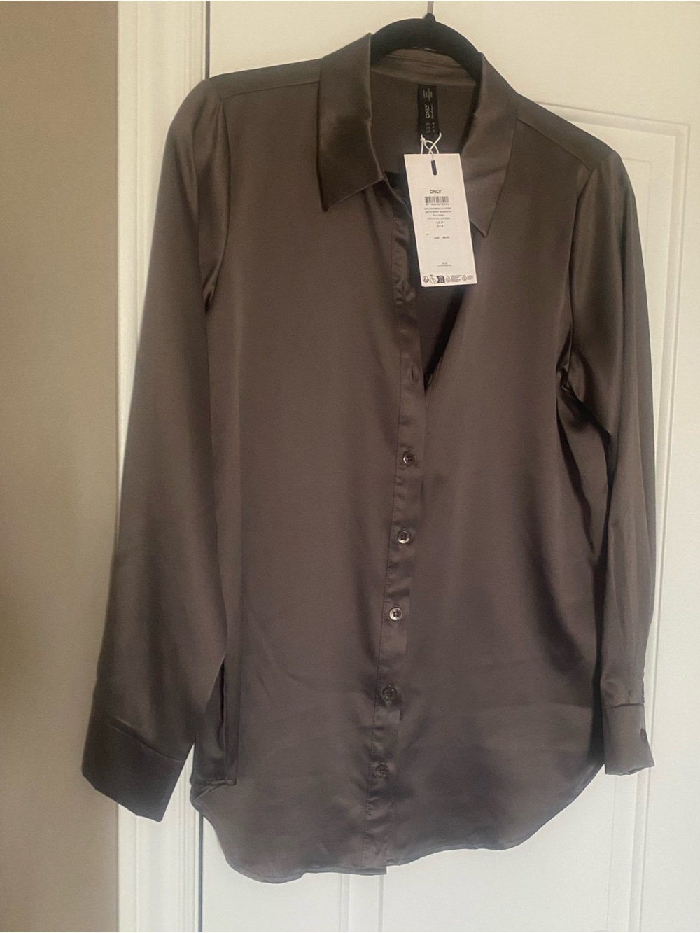 Women’s Satin Button-Up Dress Shirt in Charcoal Gray